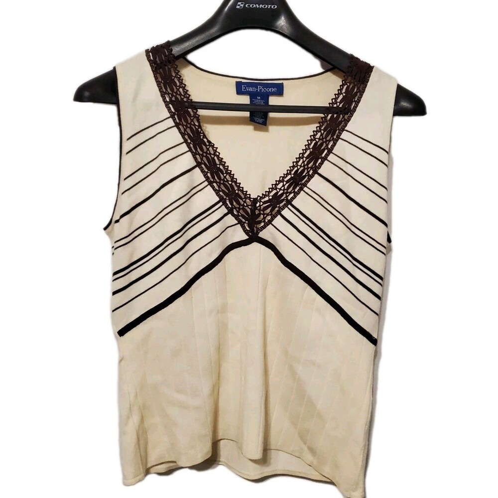 Y2K Evan Picone Med Cream Lace V Neck Contrast Stitch Coporate Capsule Basic